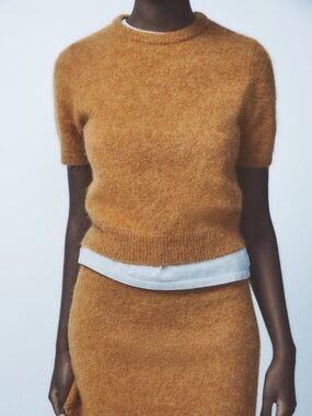 Zara Short-Sleeve Crewneck Alpaca Wool Blend Sweater Top in Camel Brown Small